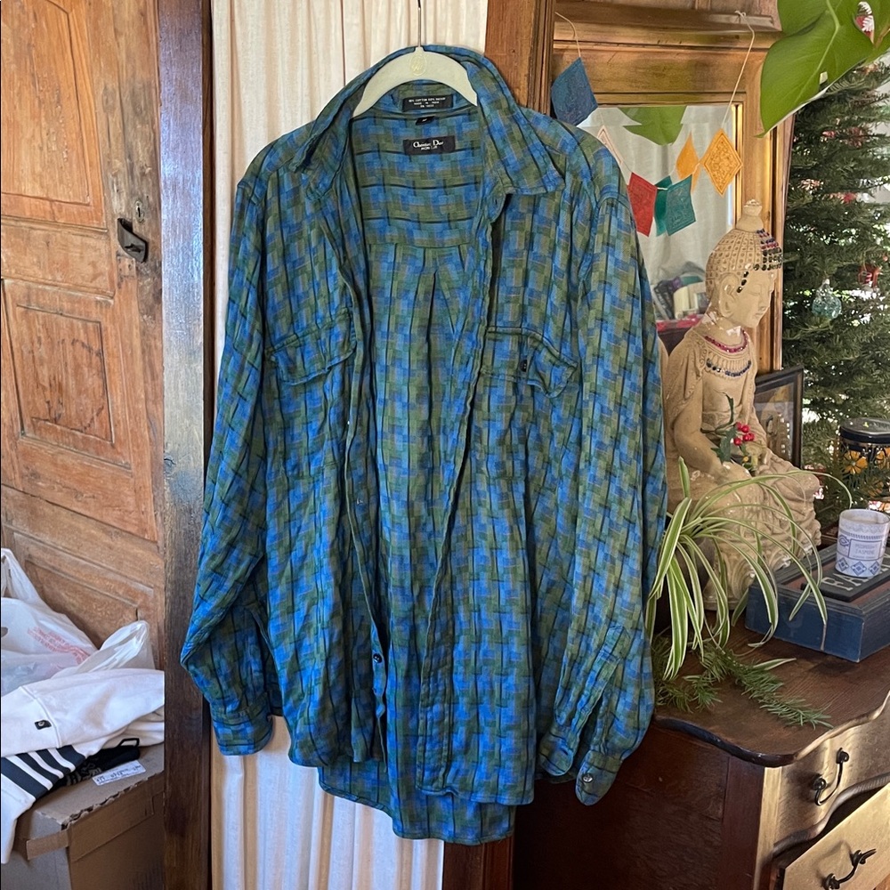 Christian Dior Vintage Blue and Green Plaid Shirt button up size M
